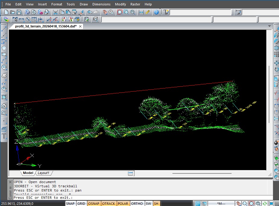 GEOMASTER — Export DXF ouvert dans AutoCAD : layers AXE_PROFIL_LONG, PTS_LIDAR_LONG, AXES_TRAVERS, PTS_LIDAR_TRAVERS, PM_LABELS
