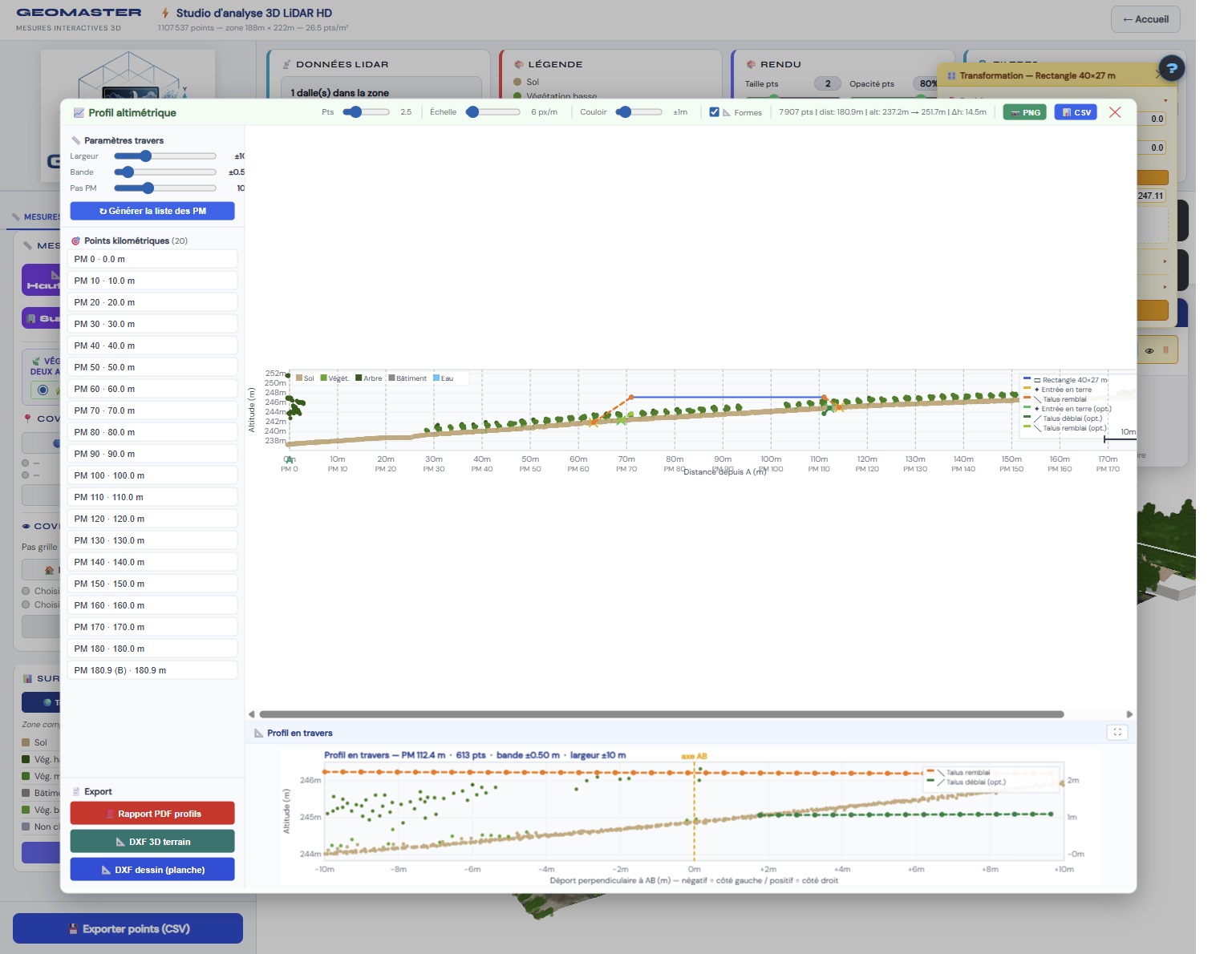 GEOMASTER — Module profils — profil en long + Points Métriques + profil en travers temps réel