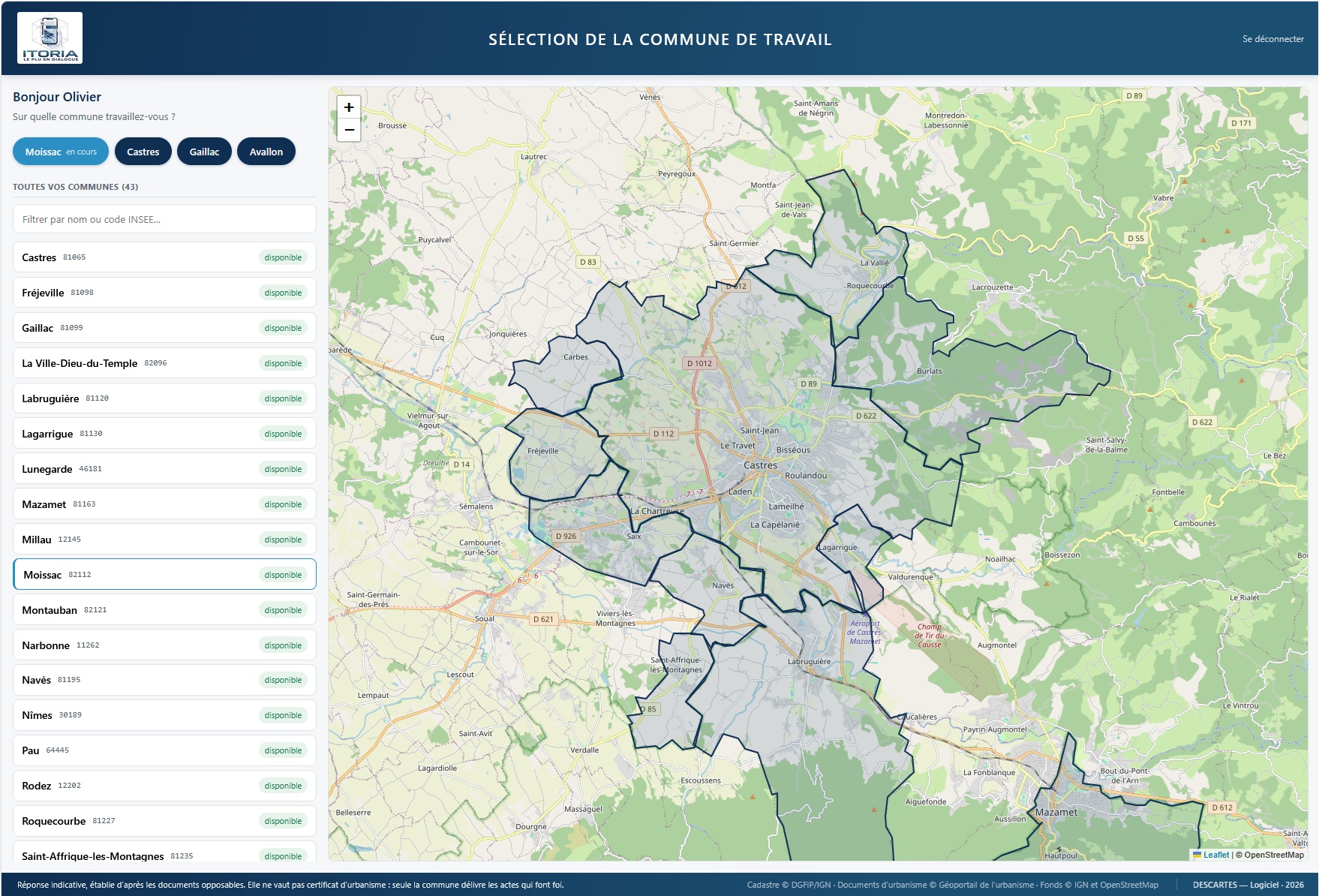 La page de choix de la commune de travail